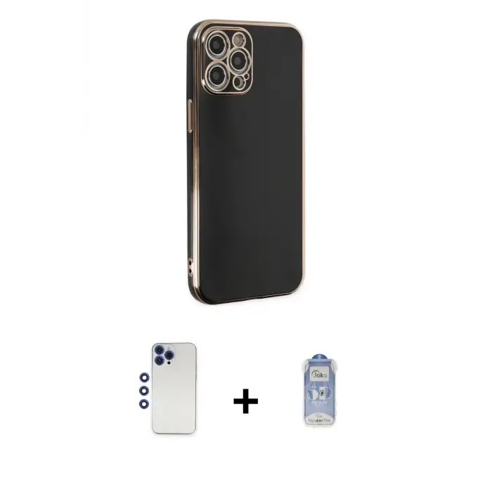 ieg™ iPhone 12 Pro Max Kılıf Yankı Serisi - Siyah Joko Magic 5D Cam + Shine Kamera Lens - LT