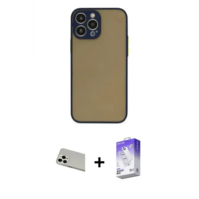 ieg™ iPhone 13 Pro Max Kılıf Ahenk Çizgi Serisi - Siyah Bilvis 5in1 3D Magic Cam Ekran Koruyucu + Rainbow Kamera Lens Koruma Cam - BZ