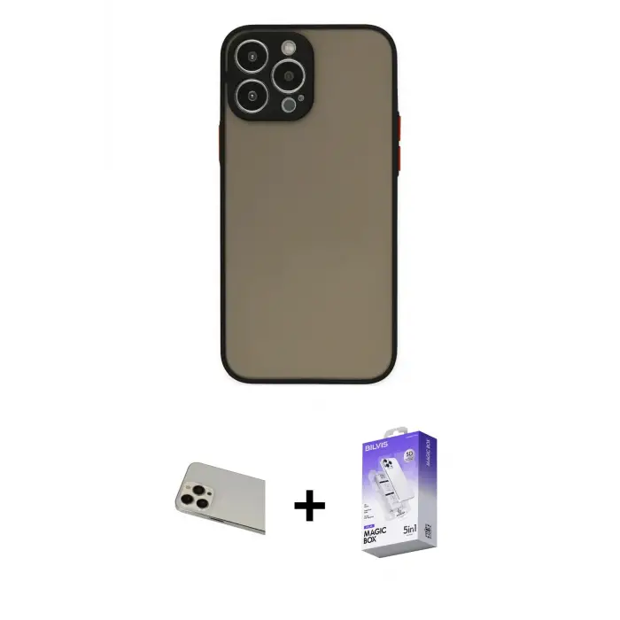 ieg™ iPhone 13 Pro Max Kılıf Ahenk Çizgi Serisi - Siyah Bilvis 5in1 3D Magic Cam Ekran Koruyucu + Rainbow Kamera Lens Koruma Cam - REGD