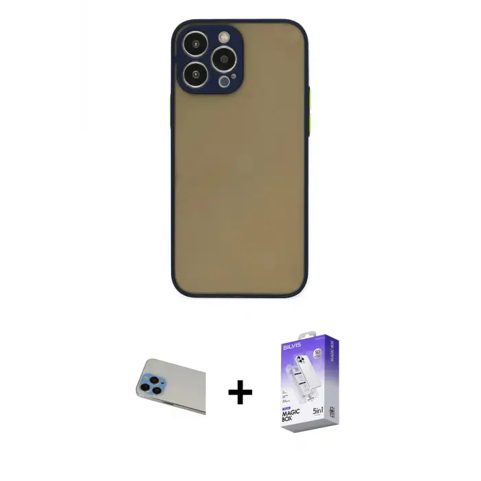 ieg™ iPhone 13 Pro Max Kılıf Ahenk Çizgi Serisi - Siyah Bilvis 5in1 3D Magic Cam Ekran Koruyucu + Rainbow Kamera Lens Koruma Cam - MI