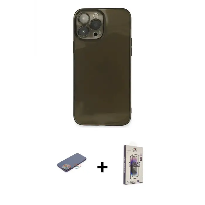 ieg™ iPhone 13 Pro Max Kılıf Ahenk Doku - Siyah Bilvis 3D Cam Ekran Koruyucu + Renkli Kamera Lens Koruma Cam - PE