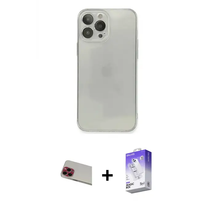 ieg™ iPhone 13 Pro Max Kılıf Ahenk Doku - Siyah Bilvis 5in1 3D Magic Cam Ekran Koruyucu + Rainbow Kamera Lens Koruma Cam - KI
