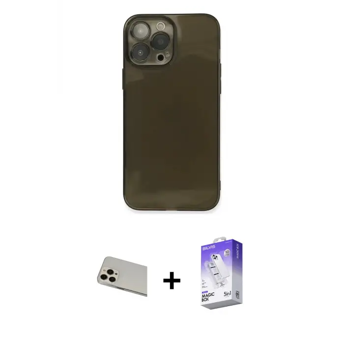 ieg™ iPhone 13 Pro Max Kılıf Ahenk Doku - Siyah Bilvis 5in1 3D Magic Cam Ekran Koruyucu + Rainbow Kamera Lens Koruma Cam - REGD