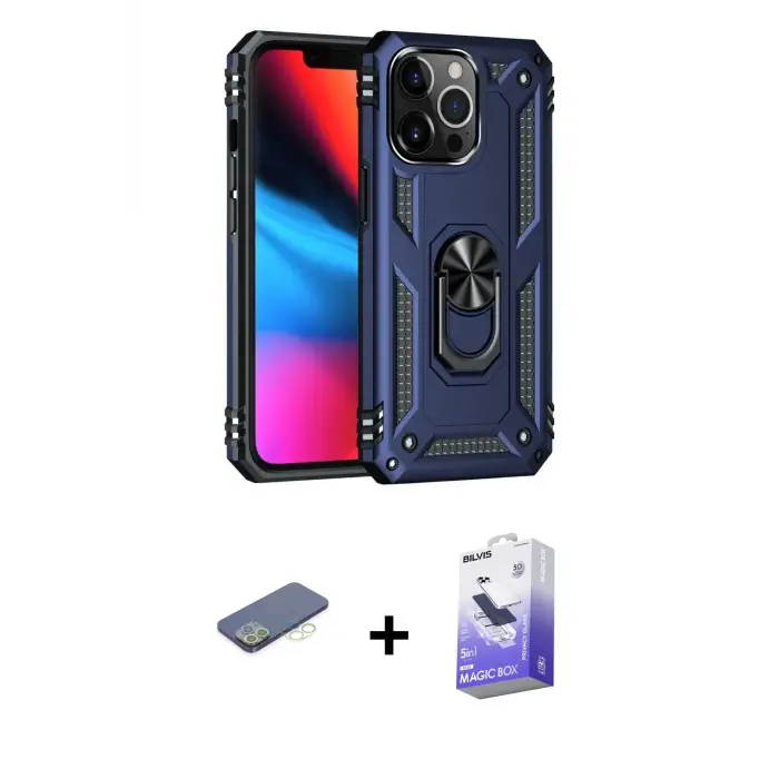 ieg™ iPhone 13 Pro Max Kılıf Ahenk Klasik Koleksiyonu - Siyah Bilvis 5in1 5D Magic Hayalet Cam Ekran Koruyucu + Renkli Kamera Lens Koruma Cam - YL