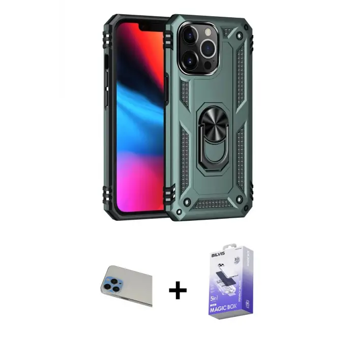 ieg™ iPhone 13 Pro Max Kılıf Ahenk Klasik Koleksiyonu - Siyah Bilvis 5in1 5D Magic Hayalet Cam Ekran Koruyucu + Rainbow Kamera Lens Koruma Cam - MI
