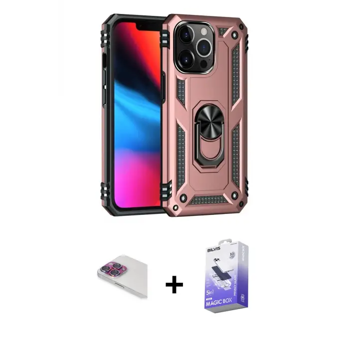 ieg™ iPhone 13 Pro Max Kılıf Ahenk Klasik Koleksiyonu - Siyah Bilvis 5in1 5D Magic Hayalet Cam Ekran Koruyucu + Pers Alüminyum Kamera Lens - GI
