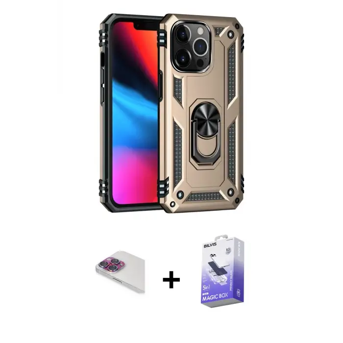 ieg™ iPhone 13 Pro Max Kılıf Ahenk Klasik Koleksiyonu - Siyah Bilvis 5in1 5D Magic Hayalet Cam Ekran Koruyucu + Pers Alüminyum Kamera Lens - GI