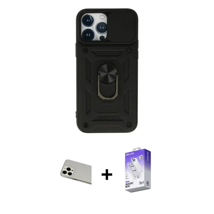 ieg™ iPhone 13 Pro Max Kılıf Ahenk Klasik - Siyah Bilvis 5in1 3D Magic Cam Ekran Koruyucu + Rainbow Kamera Lens Koruma Cam - BZ