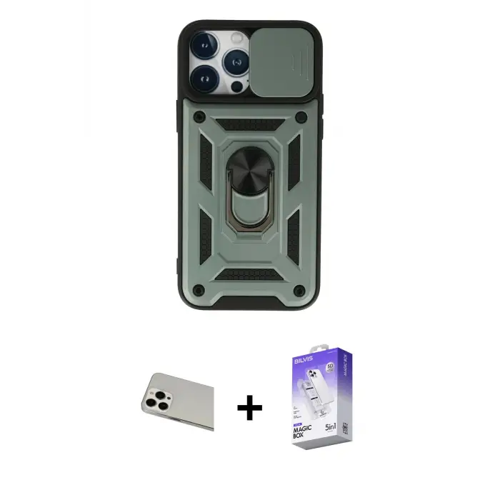 ieg™ iPhone 13 Pro Max Kılıf Ahenk Klasik - Siyah Bilvis 5in1 3D Magic Cam Ekran Koruyucu + Rainbow Kamera Lens Koruma Cam - BZ