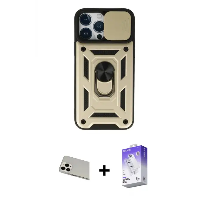 ieg™ iPhone 13 Pro Max Kılıf Ahenk Klasik - Siyah Bilvis 5in1 3D Magic Cam Ekran Koruyucu + Rainbow Kamera Lens Koruma Cam - BZ