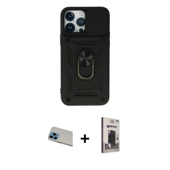 ieg™ iPhone 13 Pro Max Kılıf Ahenk Klasik - Siyah Bilvis Hayalet Cam Ekran Koruyucu + Rainbow Kamera Lens Koruma Cam - MI