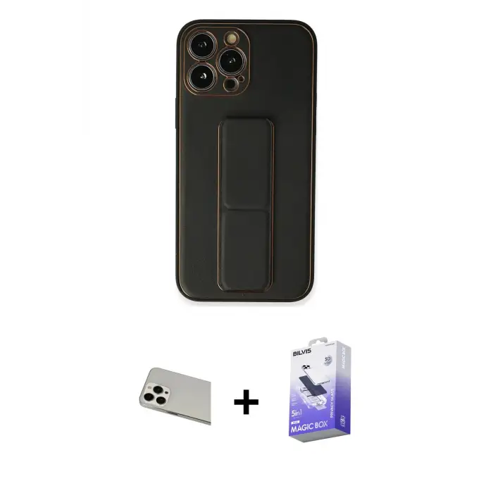 ieg™ iPhone 13 Pro Max Kılıf Akış Doku - Siyah Bilvis 5in1 5D Magic Hayalet Cam Ekran Koruyucu + Rainbow Kamera Lens Koruma Cam - BZ