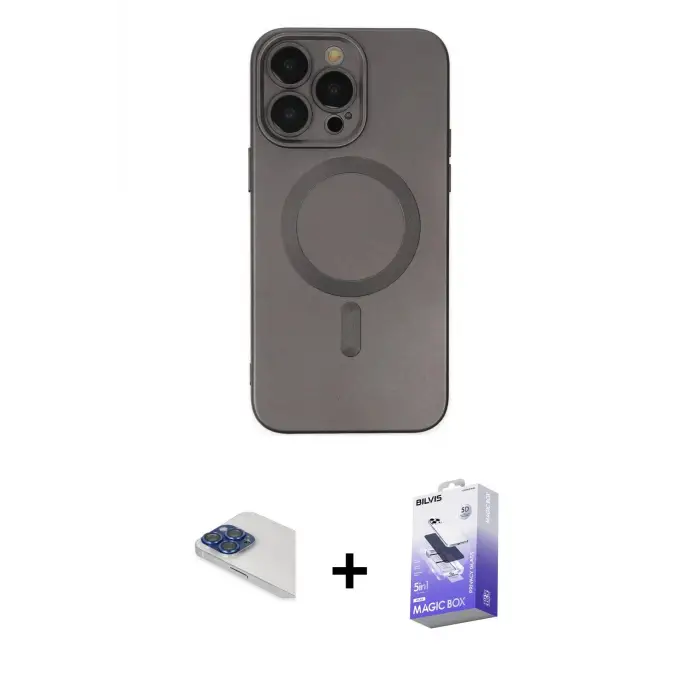 ieg™ iPhone 13 Pro Max Kılıf Akış Minimal Özel Seri - Siyah Bilvis 5in1 5D Magic Hayalet Cam Ekran Koruyucu + Pers Alüminyum Kamera Lens - LT