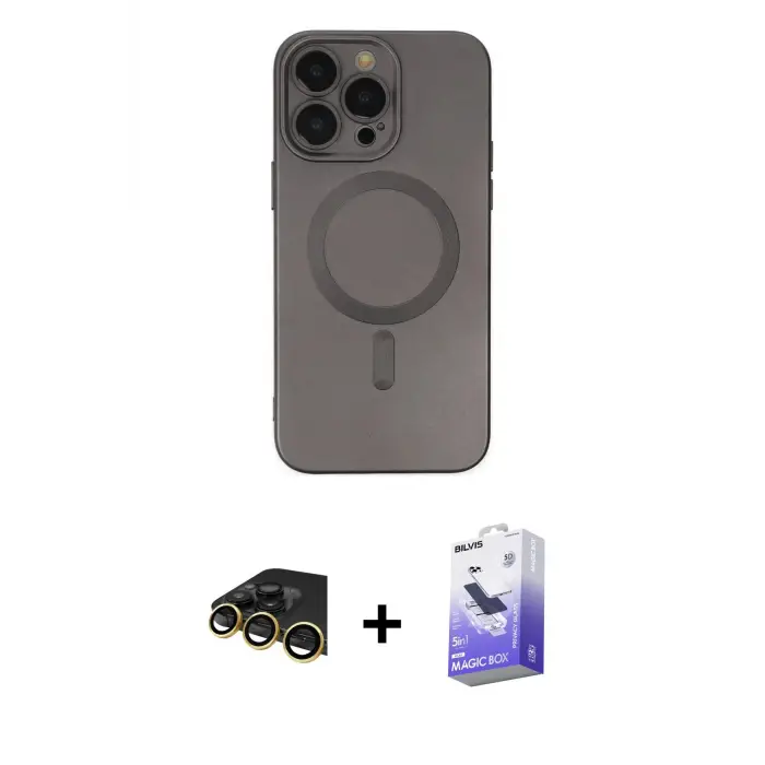 ieg™ iPhone 13 Pro Max Kılıf Akış Minimal Özel Seri - Siyah Bilvis 5in1 5D Magic Hayalet Cam Ekran Koruyucu + Raze Metal Kamera Lens - GD