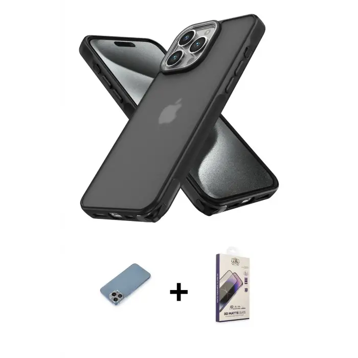 ieg™ iPhone 13 Pro Max Kılıf Atlas Form - Siyah Bilvis 3D Mat Cam Ekran Koruyucu + Shine Kamera Lens Koruma Cam - GI