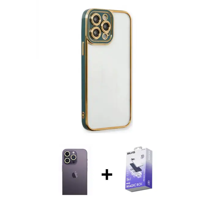 ieg™ iPhone 13 Pro Max Kılıf Çekirdek Klasik Serisi - Siyah Bilvis 5in1 5D Magic Hayalet Cam Ekran Koruyucu + Neon Fosforlu Kamera Lens - BZ