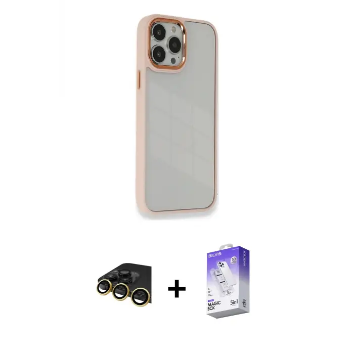 ieg™ iPhone 13 Pro Max Kılıf Eksen Doku Prime - Siyah Bilvis 5in1 3D Magic Cam Ekran Koruyucu + Raze Metal Kamera Lens - GD