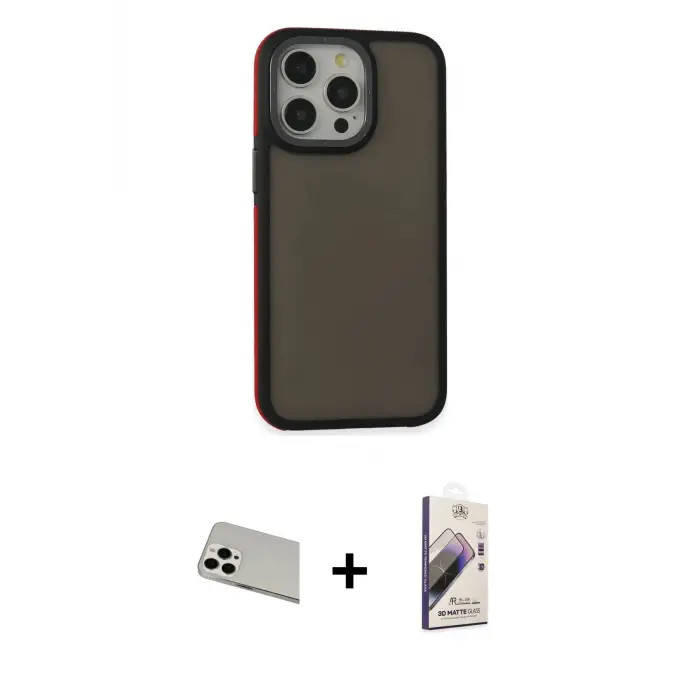 ieg™ iPhone 13 Pro Max Kılıf Eksen Işık - Siyah Bilvis 3D Mat Cam Ekran Koruyucu + Rainbow Kamera Lens Koruma Cam - BZ