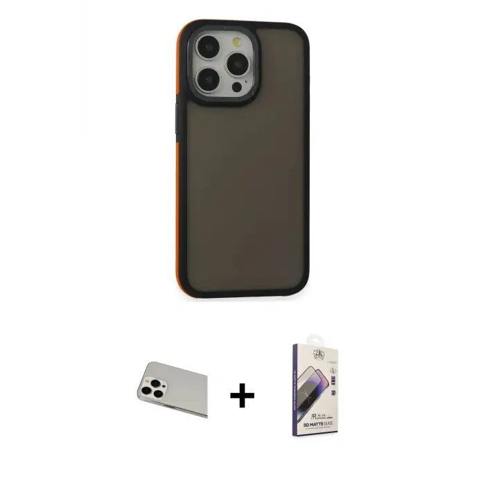 ieg™ iPhone 13 Pro Max Kılıf Eksen Işık - Siyah Bilvis 3D Mat Cam Ekran Koruyucu + Rainbow Kamera Lens Koruma Cam - BZ