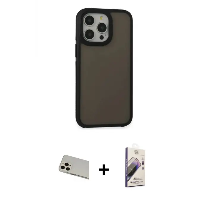 ieg™ iPhone 13 Pro Max Kılıf Eksen Işık - Siyah Bilvis 3D Mat Cam Ekran Koruyucu + Rainbow Kamera Lens Koruma Cam - REGD