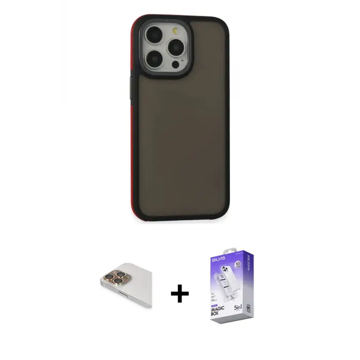 ieg™ iPhone 13 Pro Max Kılıf Eksen Işık - Siyah Bilvis 5in1 3D Magic Cam Ekran Koruyucu + Pers Alüminyum Kamera Lens - GD