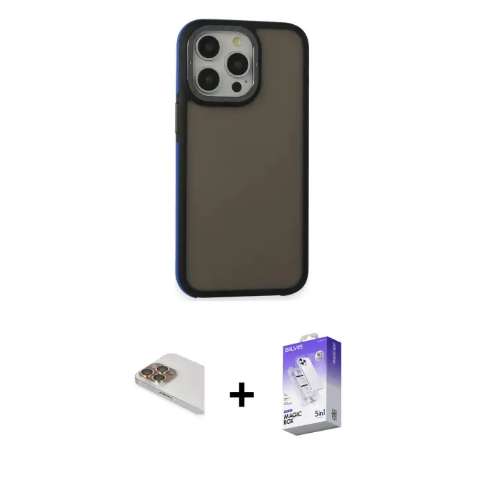 ieg™ iPhone 13 Pro Max Kılıf Eksen Işık - Siyah Bilvis 5in1 3D Magic Cam Ekran Koruyucu + Pers Alüminyum Kamera Lens - GD