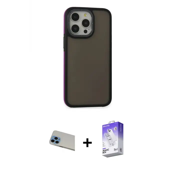 ieg™ iPhone 13 Pro Max Kılıf Eksen Işık - Siyah Bilvis 5in1 3D Magic Cam Ekran Koruyucu + Rainbow Kamera Lens Koruma Cam - MI