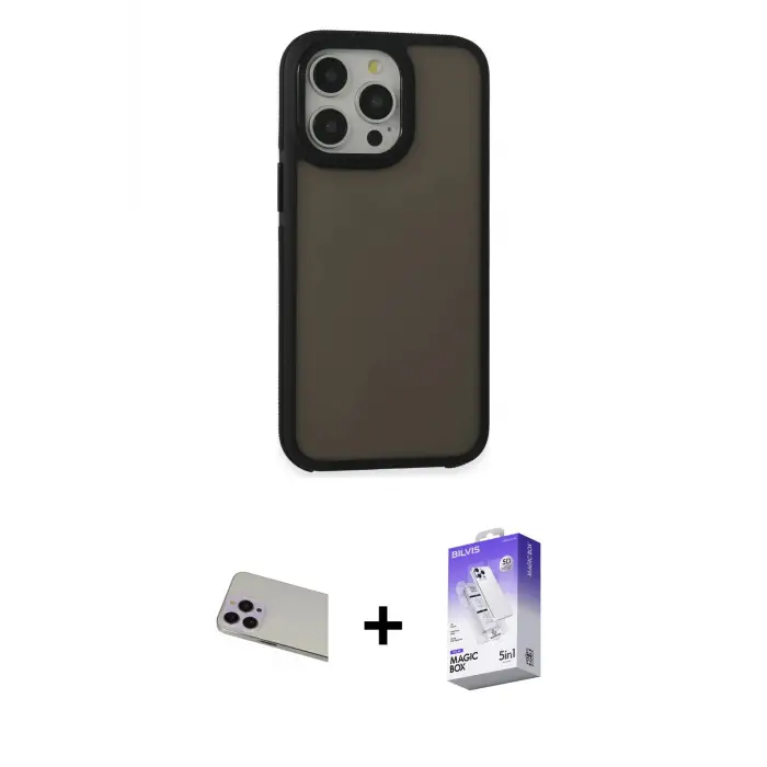 ieg™ iPhone 13 Pro Max Kılıf Eksen Işık - Siyah Bilvis 5in1 3D Magic Cam Ekran Koruyucu + Rainbow Kamera Lens Koruma Cam - MR