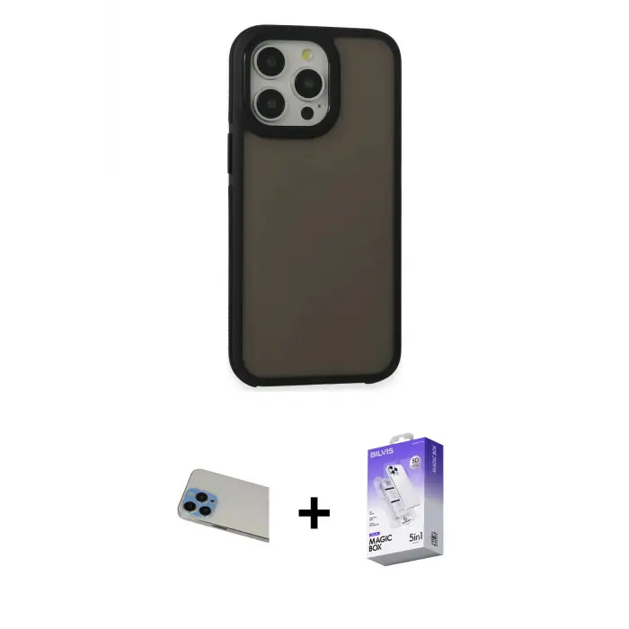 ieg™ iPhone 13 Pro Max Kılıf Eksen Işık - Siyah Bilvis 5in1 3D Magic Cam Ekran Koruyucu + Rainbow Kamera Lens Koruma Cam - MI