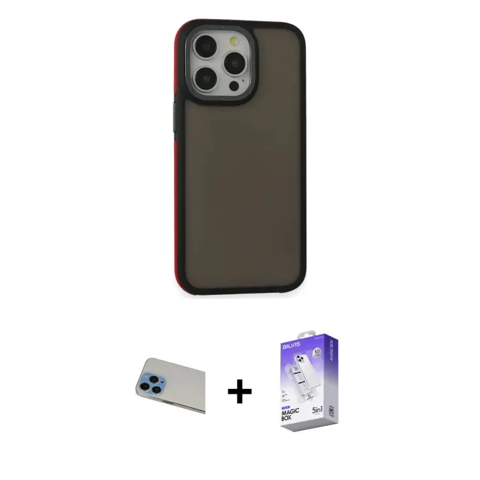 ieg™ iPhone 13 Pro Max Kılıf Eksen Işık - Siyah Bilvis 5in1 3D Magic Cam Ekran Koruyucu + Rainbow Kamera Lens Koruma Cam - MI