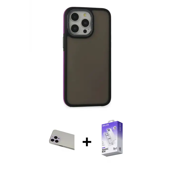 ieg™ iPhone 13 Pro Max Kılıf Eksen Işık - Siyah Bilvis 5in1 3D Magic Cam Ekran Koruyucu + Rainbow Kamera Lens Koruma Cam - MR