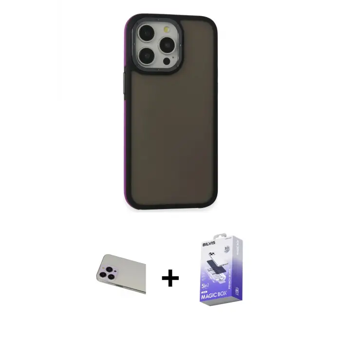 ieg™ iPhone 13 Pro Max Kılıf Eksen Işık - Siyah Bilvis 5in1 5D Magic Hayalet Cam Ekran Koruyucu + Rainbow Kamera Lens Koruma Cam - MR