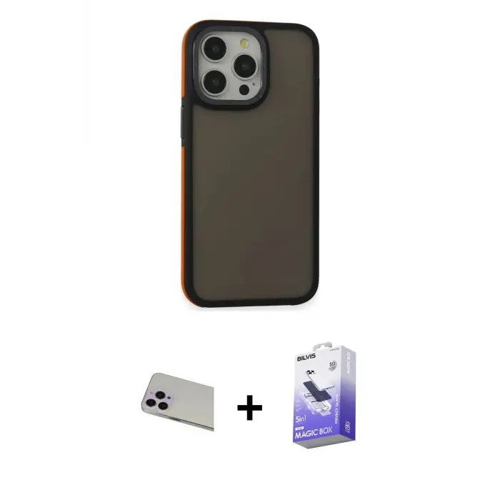 ieg™ iPhone 13 Pro Max Kılıf Eksen Işık - Siyah Bilvis 5in1 5D Magic Hayalet Cam Ekran Koruyucu + Rainbow Kamera Lens Koruma Cam - MR