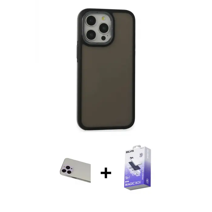 ieg™ iPhone 13 Pro Max Kılıf Eksen Işık - Siyah Bilvis 5in1 5D Magic Hayalet Cam Ekran Koruyucu + Rainbow Kamera Lens Koruma Cam - MR