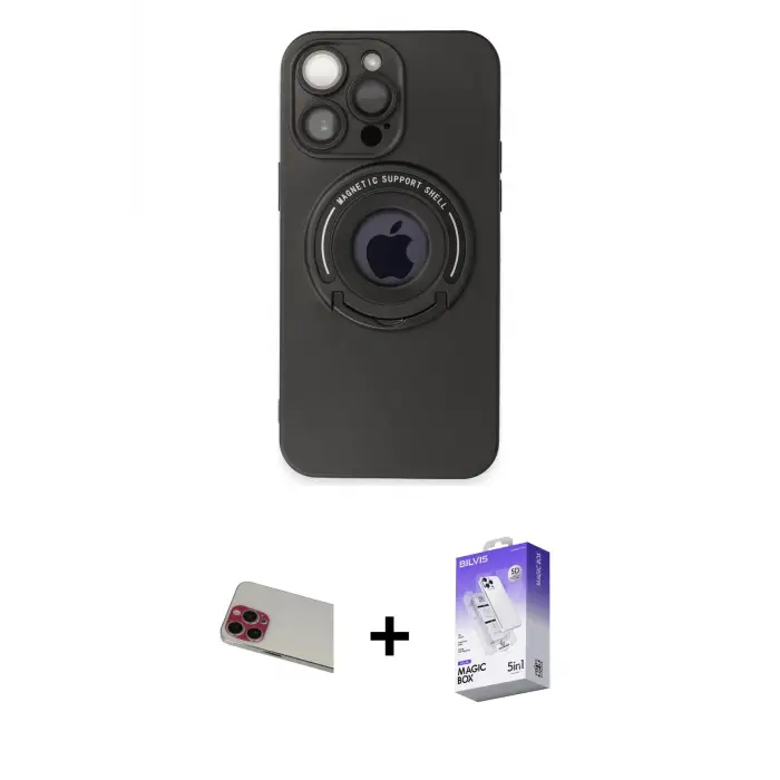 ieg™ iPhone 13 Pro Max Kılıf Eksen Klasik Prime - Siyah Bilvis 5in1 3D Magic Cam Ekran Koruyucu + Rainbow Kamera Lens Koruma Cam - KI