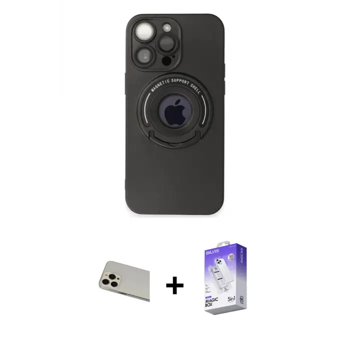 ieg™ iPhone 13 Pro Max Kılıf Eksen Klasik Prime - Siyah Bilvis 5in1 3D Magic Cam Ekran Koruyucu + Rainbow Kamera Lens Koruma Cam - REGD