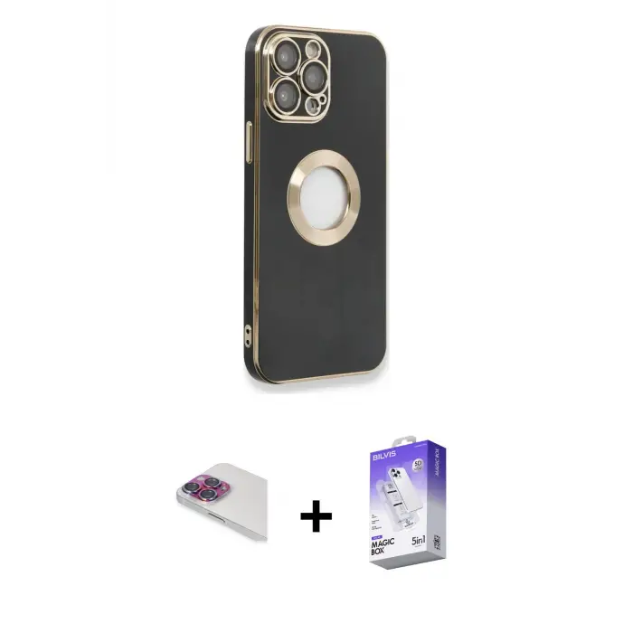 ieg™ iPhone 13 Pro Max Kılıf İz Form Serisi - Siyah Bilvis 5in1 3D Magic Cam Ekran Koruyucu + Pers Alüminyum Kamera Lens - GI