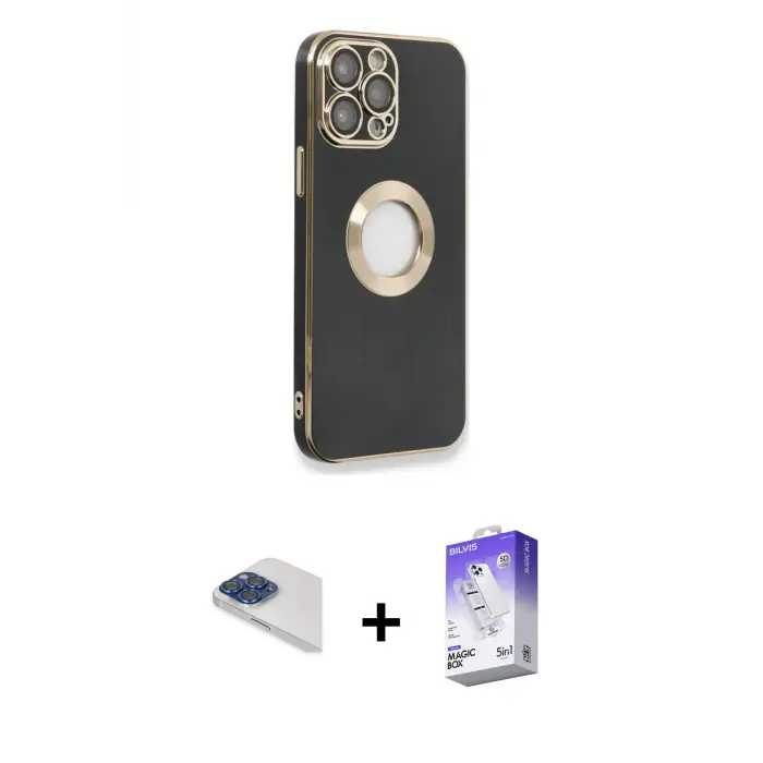 ieg™ iPhone 13 Pro Max Kılıf İz Form Serisi - Siyah Bilvis 5in1 3D Magic Cam Ekran Koruyucu + Pers Alüminyum Kamera Lens - LT