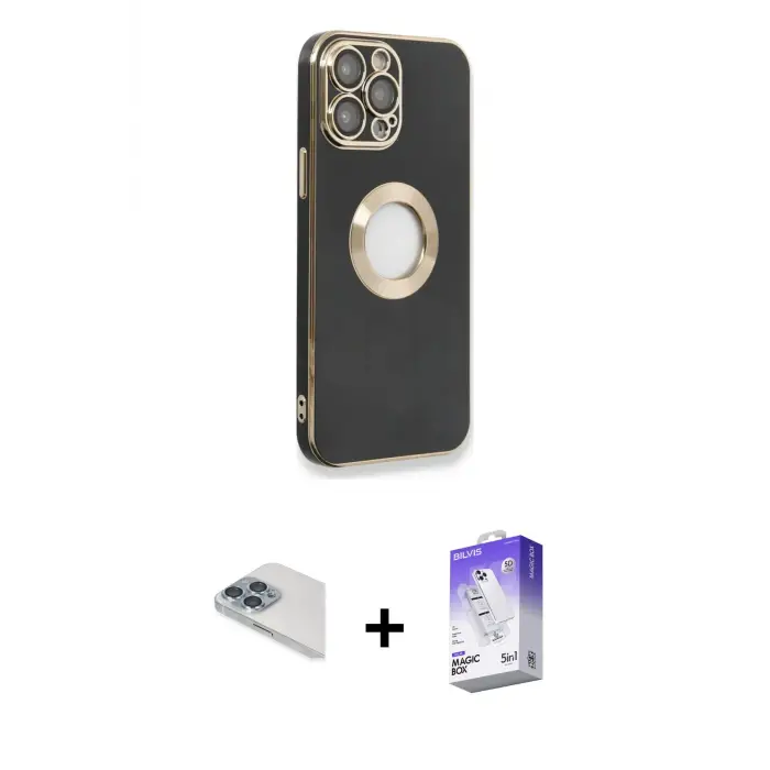 ieg™ iPhone 13 Pro Max Kılıf İz Form Serisi - Siyah Bilvis 5in1 3D Magic Cam Ekran Koruyucu + Pers Alüminyum Kamera Lens - SABE