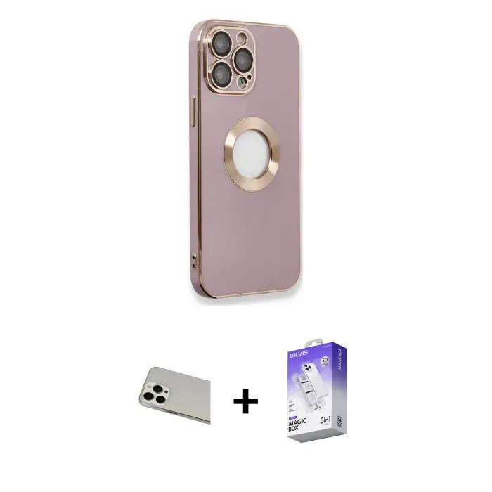 ieg™ iPhone 13 Pro Max Kılıf İz Form Serisi - Siyah Bilvis 5in1 3D Magic Cam Ekran Koruyucu + Rainbow Kamera Lens Koruma Cam - BZ