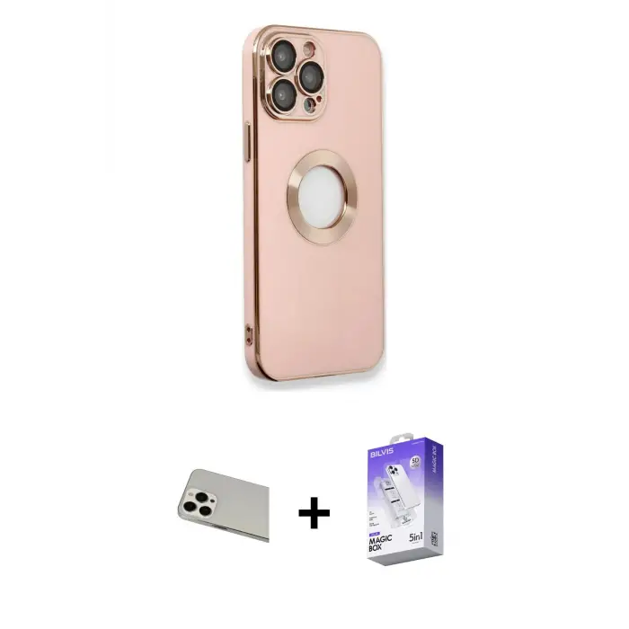 ieg™ iPhone 13 Pro Max Kılıf İz Form Serisi - Siyah Bilvis 5in1 3D Magic Cam Ekran Koruyucu + Rainbow Kamera Lens Koruma Cam - BZ