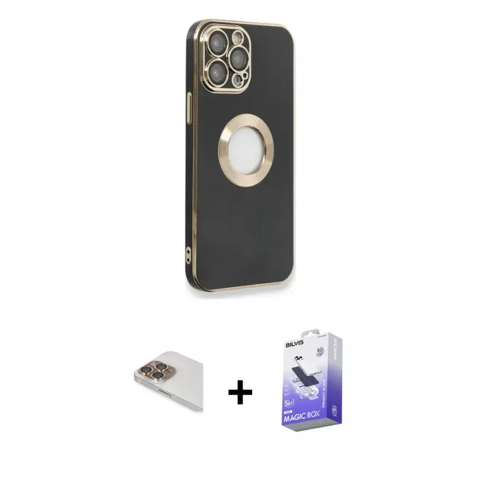 ieg™ iPhone 13 Pro Max Kılıf İz Form Serisi - Siyah Bilvis 5in1 5D Magic Hayalet Cam Ekran Koruyucu + Pers Alüminyum Kamera Lens - GD