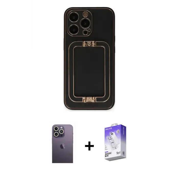 ieg™ iPhone 13 Pro Max Kılıf Kozmos Minimal Prime - Siyah Bilvis 5in1 3D Magic Cam Ekran Koruyucu + Neon Fosforlu Kamera Lens - BZ