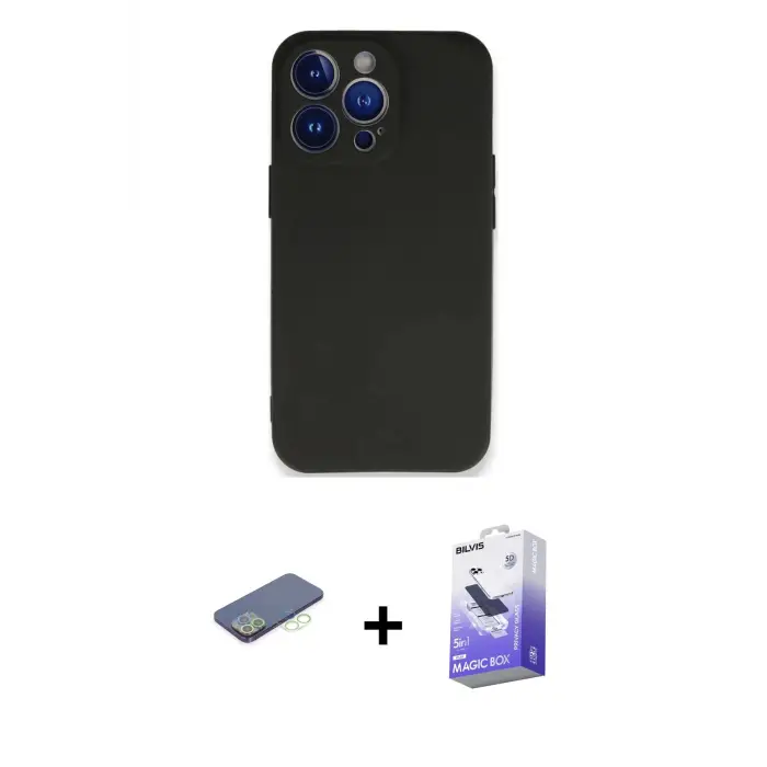 ieg™ iPhone 13 Pro Max Kılıf Kozmos Yansıma Özel Seri - Siyah Bilvis 5in1 5D Magic Hayalet Cam Ekran Koruyucu + Renkli Kamera Lens Koruma Cam - YL
