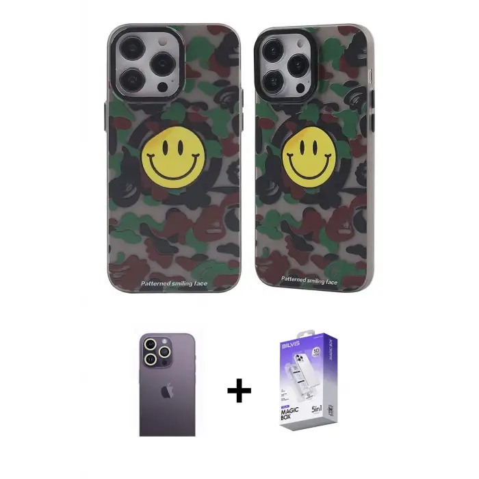 ieg™ iPhone 13 Pro Max Kılıf Nova Doku Koleksiyonu - Siyah Bilvis 5in1 3D Magic Cam Ekran Koruyucu + Neon Fosforlu Kamera Lens - BZ