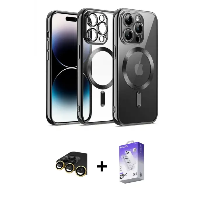ieg™ iPhone 13 Pro Max Kılıf Nova Işık Özel Seri - Siyah Bilvis 5in1 3D Magic Cam Ekran Koruyucu + Raze Metal Kamera Lens - GD