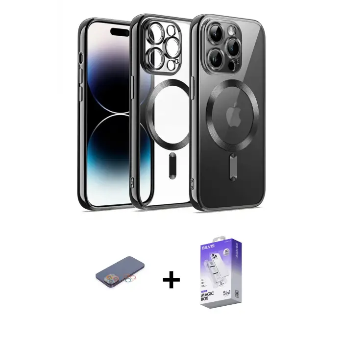 ieg™ iPhone 13 Pro Max Kılıf Nova Işık Özel Seri - Siyah Bilvis 5in1 3D Magic Cam Ekran Koruyucu + Renkli Kamera Lens Koruma Cam - PE
