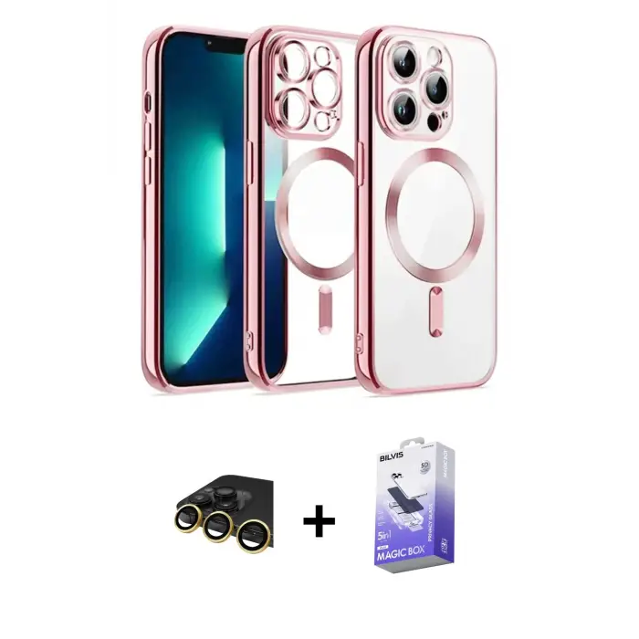 ieg™ iPhone 13 Pro Max Kılıf Nova Işık Özel Seri - Siyah Bilvis 5in1 5D Magic Hayalet Cam Ekran Koruyucu + Raze Metal Kamera Lens - GD