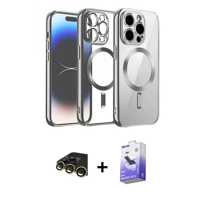 ieg™ iPhone 13 Pro Max Kılıf Nova Işık Özel Seri - Siyah Bilvis 5in1 5D Magic Hayalet Cam Ekran Koruyucu + Raze Metal Kamera Lens - GD