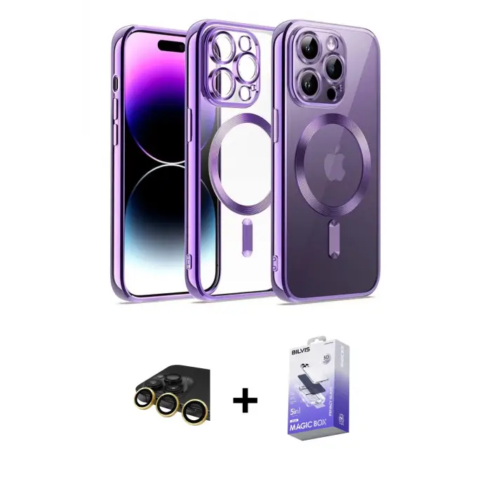 ieg™ iPhone 13 Pro Max Kılıf Nova Işık Özel Seri - Siyah Bilvis 5in1 5D Magic Hayalet Cam Ekran Koruyucu + Raze Metal Kamera Lens - GD